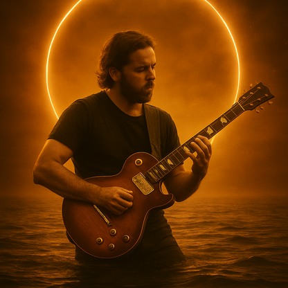 Man playing guitar with a glowing circular light behind him in a body of water